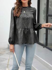 Blusa con cuello de volantes con estampado animal - Negro - Ver 3