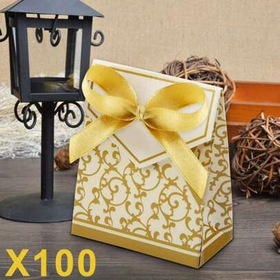 100Pcs Wedding Candy Boxes Gold Party Treat Favour Gift Boxes With Ribbon For Birthdays Food Shower Weddings(Gold)