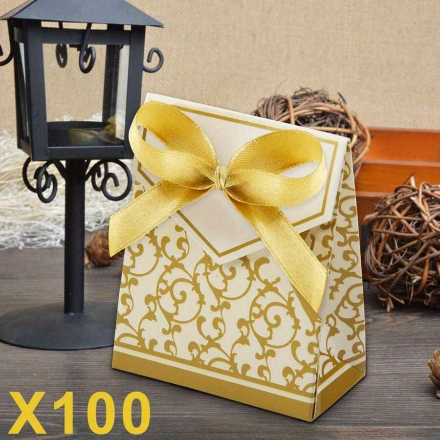 100Pcs Wedding Candy Boxes Gold Party Treat Favour Gift Boxes With Ribbon For Birthdays Food Shower Weddings(Gold) - Gold - View 1