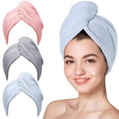 1/3 piezas Toalla de cabello de microfibra multicolor ultra-absorbente, gorra de secado suave para mujeres con cierre de botón, de secado rápido, adecuado para cabello rizado, cabello largo y cabello grueso