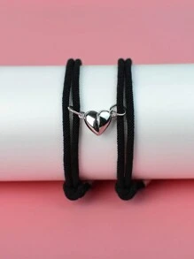 2 件/套心形磁性手链情侣简约心形磁性手链男士情人节 - 黑色 - 查看 3