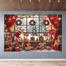 1 件，圣诞欢乐聚酯纤维背景 - 节日壁炉和窗户场景，非常适合节日摄影和派对装饰，圣诞节