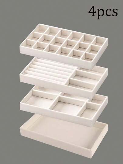 4pcs/Set Velvet Jewelry Tray And Makeup Organizer Box, Stylish Multi-Compartment Jewelry Display Tray For Rings, Necklaces, And Lipsticks, Stackable Solid Color Design Perfect For Vanity And Bedroom, Ideal For Jewelry Storage And Organization, Fashionable Makeup Display For Valentine's Day, Christmas, New Year, And Back To School Events, Enhance Your Home Decor With This Elegant Jewelry Organizer Solution