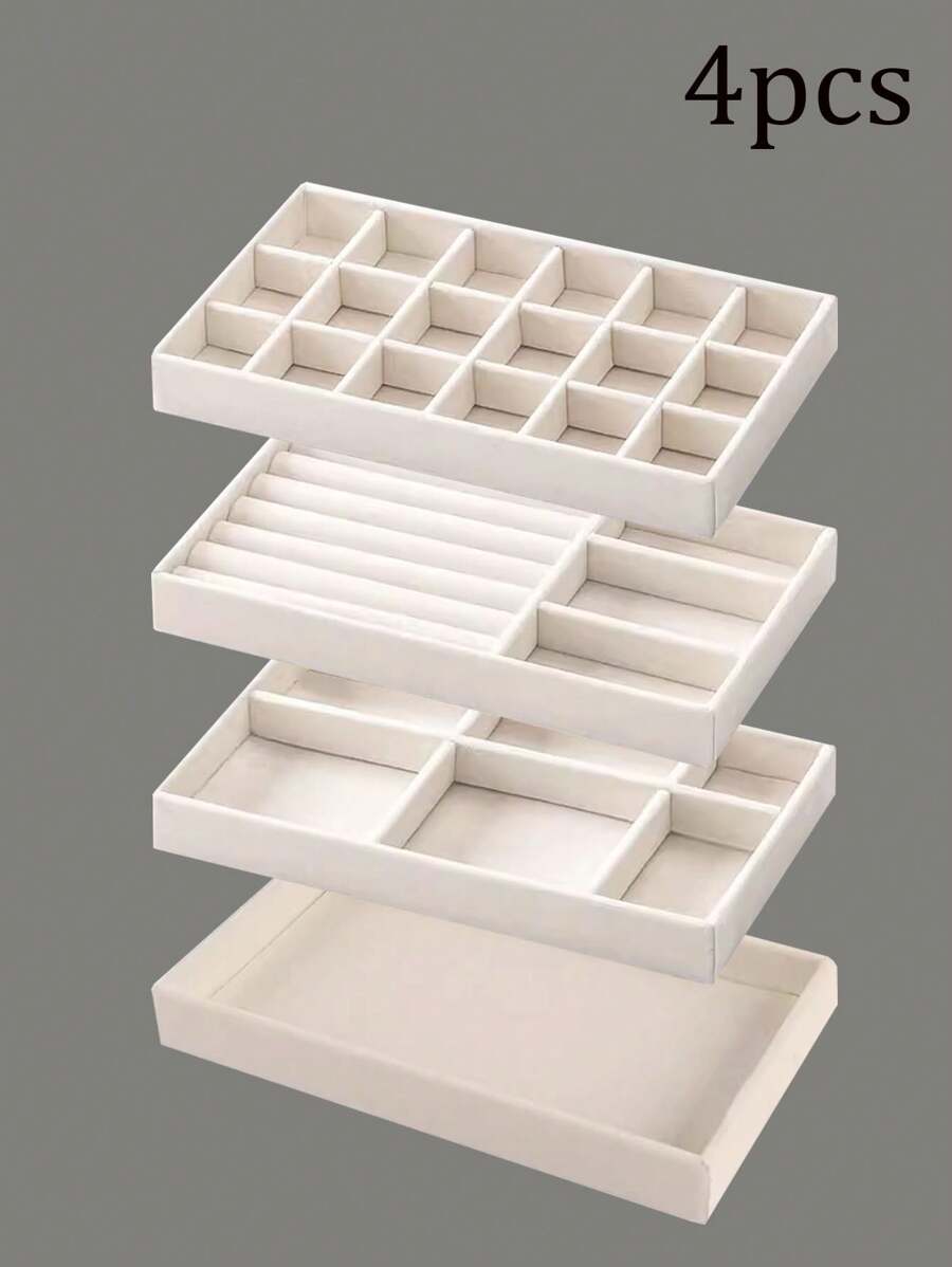 4件/套 奢华天鹅绒首饰托盘展示盒，优雅的耳环、戒指、项链和手镯收纳盒，完美适用于梳妆台和卧室装饰，是圣诞节、情人节、珠宝派对和返校庆祝活动的理想礼物，以时尚和实用性提升您的珠宝收藏。