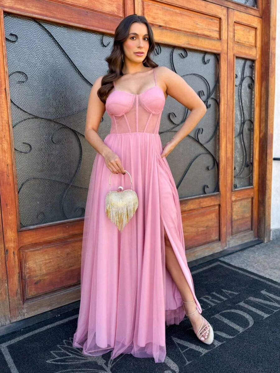 LONG WEDDING PARTY DRESS FOR GRADUATES IN TULLE WITH SHINE AND CORSET - Rusty Rose - View 1