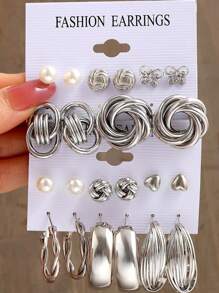 48pcs-12pcs Fashionable Minimalist Elegant Silver Geometric Faux Pearl C Shaped Spiral Twist Flower Heart Multi-Layer Women Party Earring Set, Birthday Holiday Date Accessory