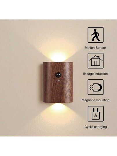 1set Wooden Motion Sensor LED Wand Light, Stick On Magnetic Bedside Lamp Stairs, Attic, Bathroom, Hallway, Basement, Garage