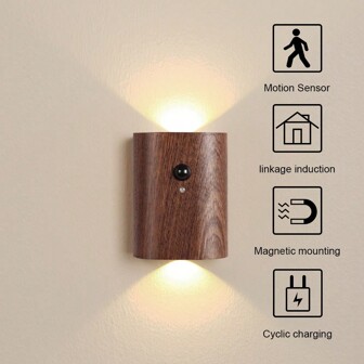 1set Wooden Motion Sensor LED Wall Light, Stick-On Magnetic Bedside Lamp For Stairs, Attic, Bathroom, Hallway, Basement, Garage