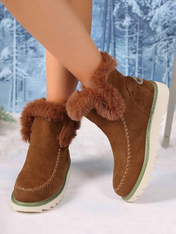 Women's Round Toe Fashion Casual Snow Boots, Biting Line On The Upper, Serrated Sole, Fuzzy Collar, Lightweight & Comfortable Warmth, Daily Wear, Outdoor Snow Boots, Campus Student Match, New For Fall/Winter 2024, Brown Snow Boots