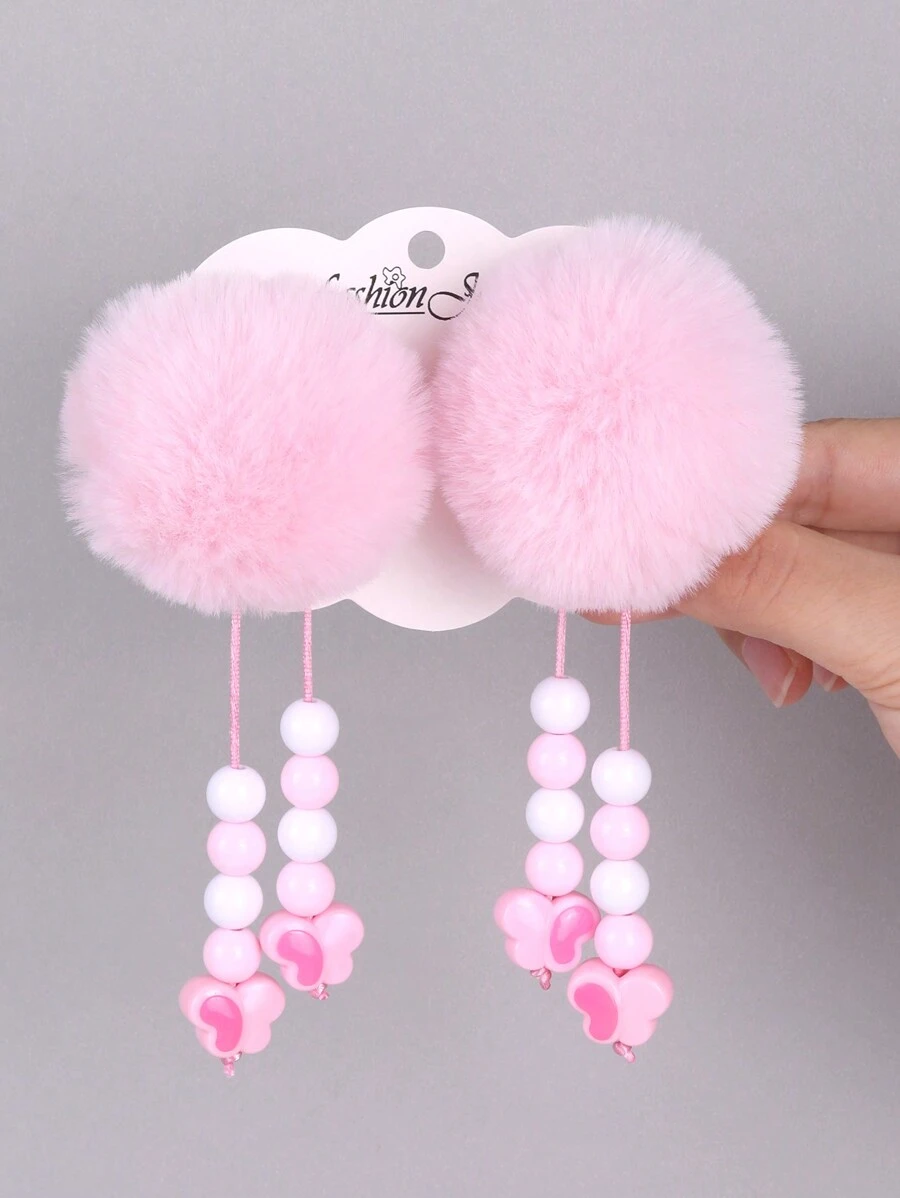 2 件装粉色 Pom Pom 女童发夹 可爱 Pom Pom 流苏鳄鱼夹 女童发夹 带串珠流苏 日常派对装扮发夹 儿童发饰 - 粉色 - 查看 1