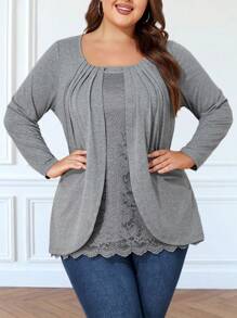 Camiseta de manga larga con parches de encaje talla grande - Gris - Ver 1