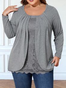 Camiseta de manga larga con parches de encaje talla grande - Gris - Ver 3