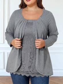 Camiseta de manga larga con parches de encaje talla grande - Gris - Ver 5