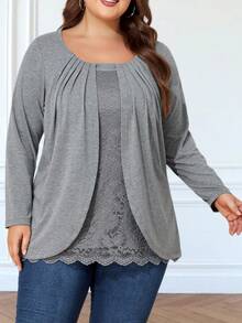 Camiseta de manga larga con parches de encaje talla grande - Gris - Ver 6