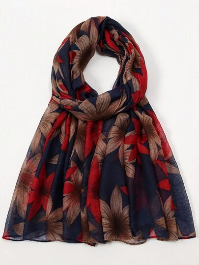 1 件植物叶图案休闲优雅街头涤纶雪纺围巾，适合春夏秋冬情人节