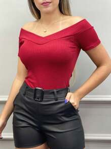 X - Store Women's Ribbed Off-The-Shoulder Blouse With Open Collar, Short Sleeve, Super Fashionable!! - Đỏ - Xem 1