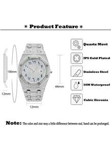 Men's Luxury Full Rhinestone Arabic Numerals Quartz Watch, Waterproof Holiday