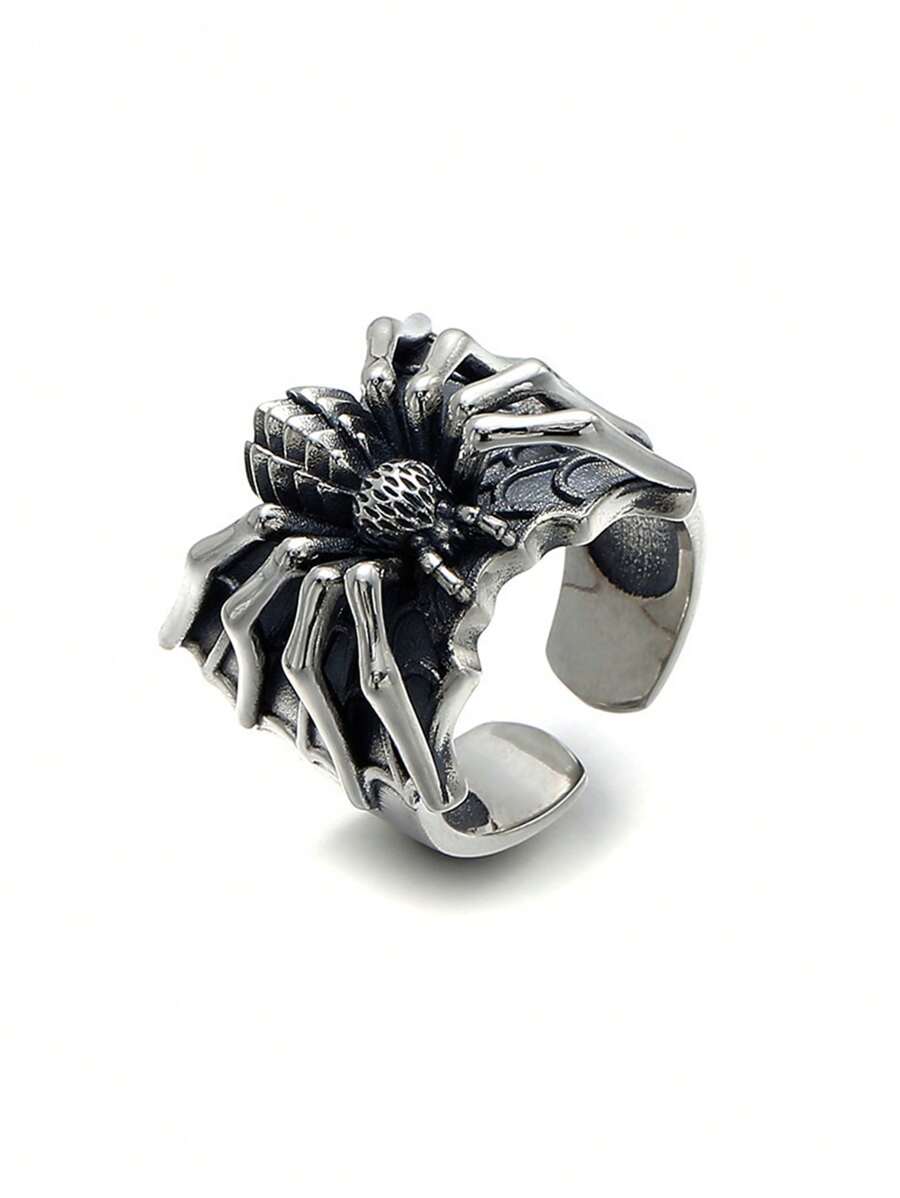 1入組時尚哥特式龐克黑暗的風格獨特設計古董金屬蜘蛛開放可調圓環,合適的適合男人及女人,情侶,萬聖節派對,夜店 - 復古銀色 - 查看 1