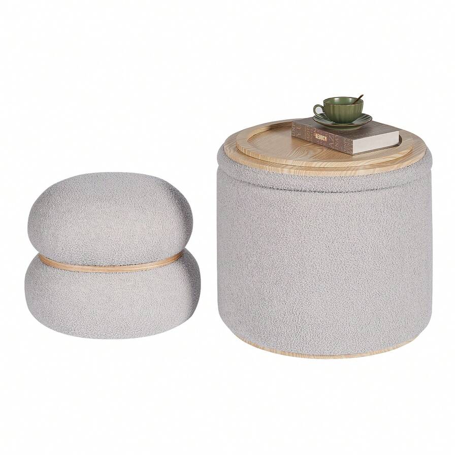 Round Ottoman With Storage Set Of 2, Boucle Vanity Stool For Makeup, Boucle Round Storage Ottoman,Multifunctional Foot Rest Coffee Table Seat For Living Room, Bedroom - Xám - Xem 1