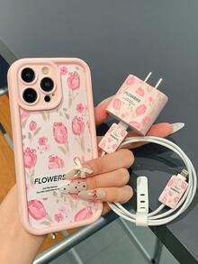 郁金香字母图案粉色肥皂材质手机壳 + 充电保护套 兼容Iphone - 彩色 - 查看 3