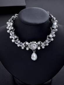 1pc New Fashionable Luxurious Tassel Pearl Crystal Waterdrop Floral Choker Necklace, Suitable For Women, Parties, Dates, Bridal Gifts, Jewelry