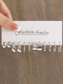 48pcs-12pcs Fashionable Minimalist Elegant Silver Geometric Faux Pearl C Shaped Spiral Twist Flower Heart Multi-Layer Women Party Earring Set, Birthday Holiday Date Accessory