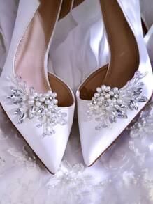 1 件优雅珍珠花水钻可拆卸鞋夹迷人水晶婚纱鞋配件 HX69 - 銀色 左 - 查看 3