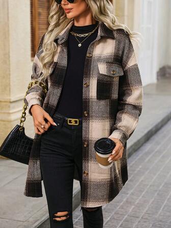 Women's Plaid Button Front Long Sleeve Jacket