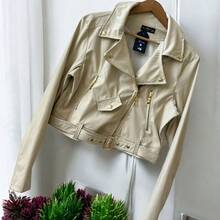 Chamarra Biker vinil afelpado de mujer con cinturon - Crema - Ver 3