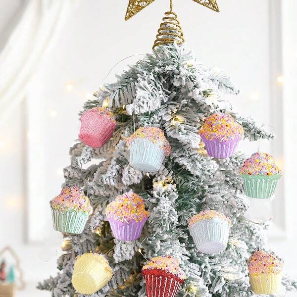 6pcs/Set Cupcake Party Decorations, Christmas Tree Ornaments, Candy Gift, Macaron Color Sweet Cupcake Pendant Set For Christmas, Birthday Party, Home Decor,Christmas