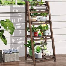 UNHO Folding Wooden Ladder Storage Rack Shelf Unit Corner Book Shelves Plant Ladder Racks 4 Tier Plant Stand Flower Display Stand
