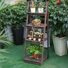 UNHO Folding Wooden Ladder Storage Rack Shelf Unit Corner Book Shelves Plant Ladder Racks 4 Tier Plant Stand Flower Display Stand