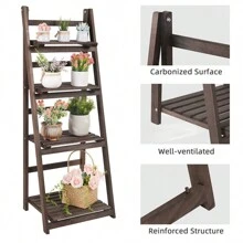 UNHO Folding Wooden Ladder Storage Rack Shelf Unit Corner Book Shelves Plant Ladder Racks 4 Tier Plant Stand Flower Display Stand