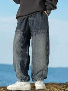 Jeans vaqueros de mezclilla con etiqueta vintage para niños preadolescentes - Azul lavado oscuro - Ver 2