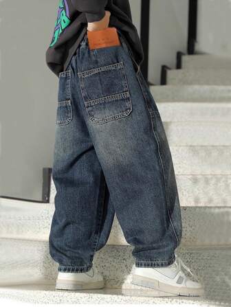 Tween Boys 复古皮革标签牛仔裤