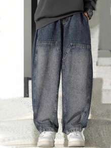 Jeans vaqueros de mezclilla con etiqueta vintage para niños preadolescentes - Azul lavado oscuro - Ver 4