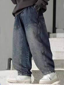 Jeans vaqueros de mezclilla con etiqueta vintage para niños preadolescentes - Azul lavado oscuro - Ver 3