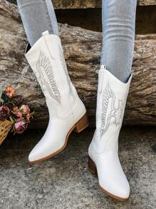 Nuevas botas vaqueras occidentales de moda para mujer, de puntera puntiaguda, bordadas, de tacón grueso, hasta la pantorrilla, botas de montar de talla grande para mujeres - Blanco - Ver 3