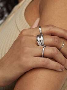 14K Gold Plated Stackable Rings Set For Women | 3 Chunky Statement Rings Pack | Stackable Bands Set Chunky Ring Simple Hammered Twisted Braided Finger Jewelry Gifts For Teen Girls Chunky Gold Rings For Women Adjustable Silver Bold Thick Rings Gold Statement Rings Open Dome Ring Chunky Silver Rings For Women Minimalist Simple Rings - Silver - View 5