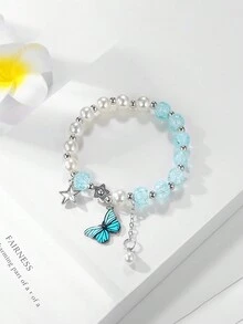 1 件女孩独特合金蝴蝶和星星吊饰仿珍珠手链，时尚珠宝 - 蝴蝶 - 查看 5