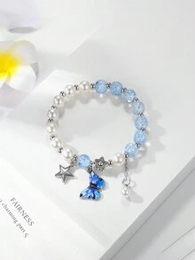 1 件女孩独特合金蝴蝶和星星吊饰仿珍珠手链，时尚珠宝 - 蝴蝶 - 查看 4