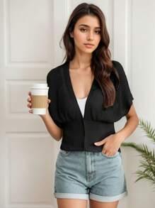 Women's Short Sleeve Crochet Cardigan Draped V Neck Cropped Top Shawl Sweater Hollow Beach Cover Up - màu đen - Xem 4