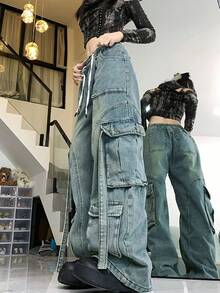 复古做旧洗水牛仔工装裤 - 淺色水洗藍 - 查看 3