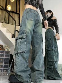 复古做旧洗水牛仔工装裤 - 淺色水洗藍 - 查看 2