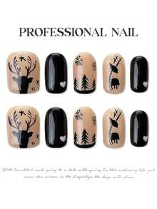 YADORNOS 10pcs Black Brown Hand Painted Christmas Tree Elk Winter Handmade Press On Nails, Square Full Cover Reusable Fake Nail Tips With Jelly Glue And Nail File, Home DIY Nail Supplies Xmas Christmas New Year Gifts
