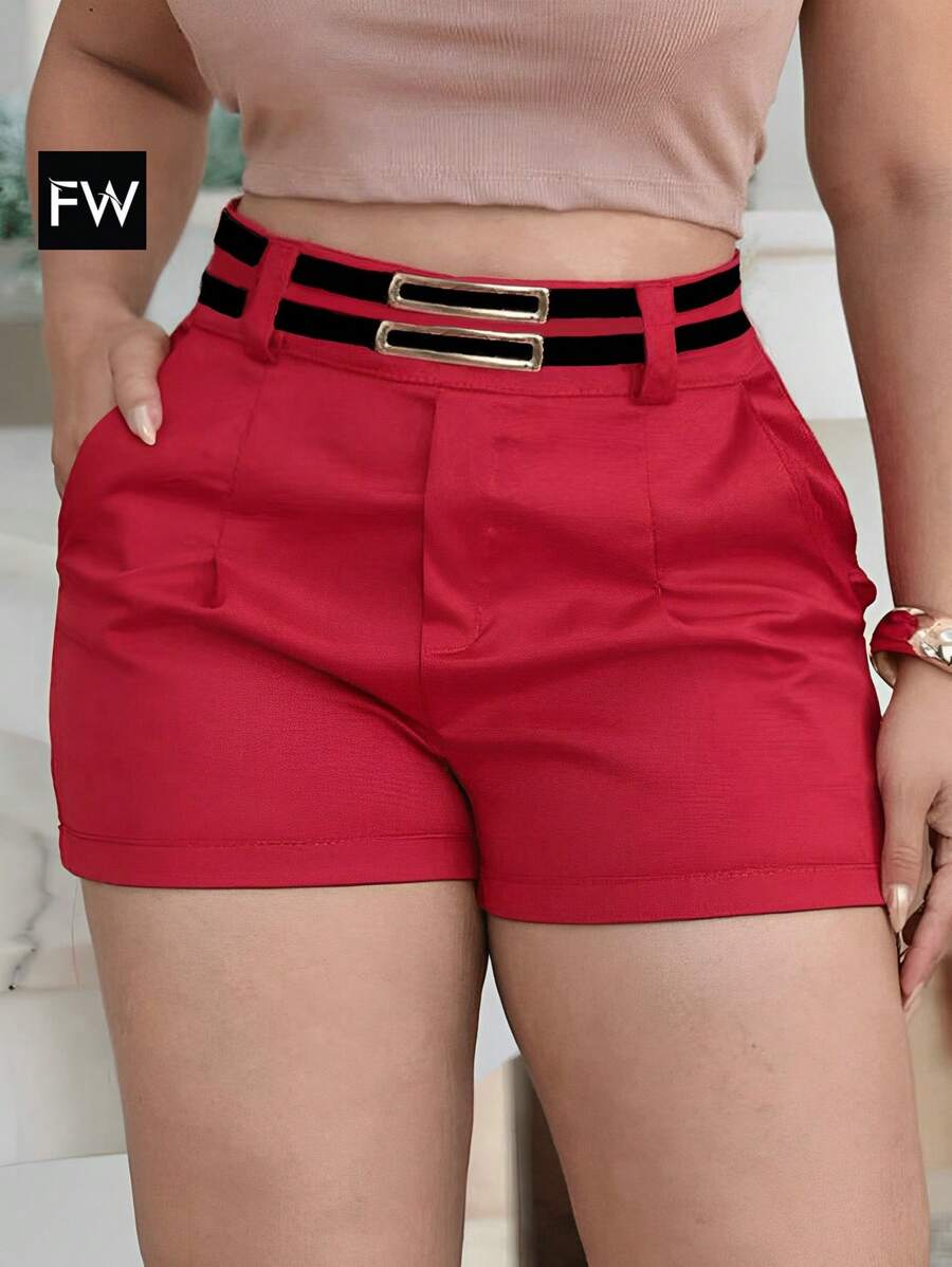 FW Modas Shorts With Leather Belt Tailored Fabric (Linen) With Belt 2023 - Đỏ - Xem 1