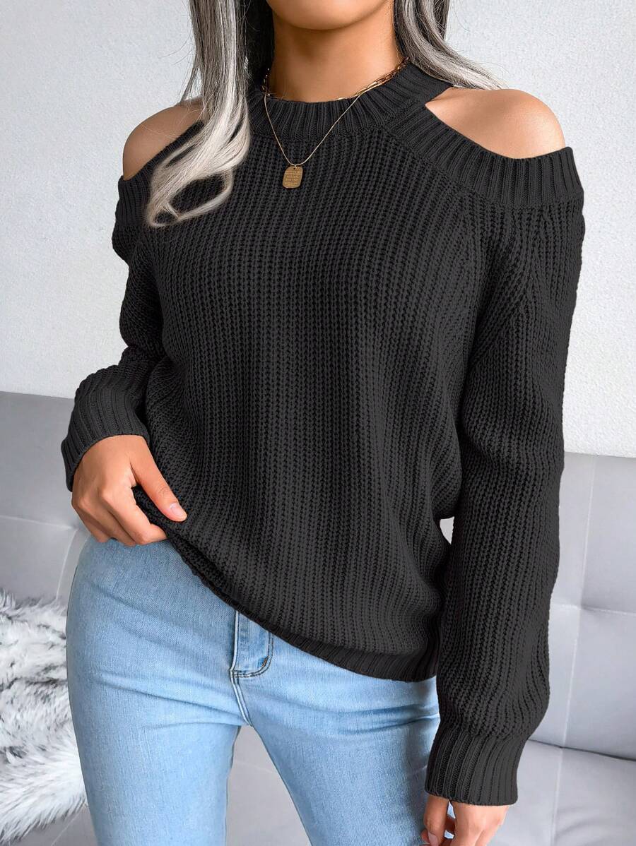 Casual Open Shoulder Solid Color Long Sleeve Knit Sweater For Autumn Winter,Long Sleeve Tops - Black - View 1