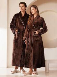 1pc Extra Long Flannel Bathrobe, Adult Bathrobe, Flannel Bathrobe, Suitable For Resorts, Hotels, SPAs, Beauty Salons, Quick Drying, Loose Fit, Multiple Colors, Minimalist Design, Bathroom Essentials, Home Goods Summer Wedding Home Bathroom Decor Back To School