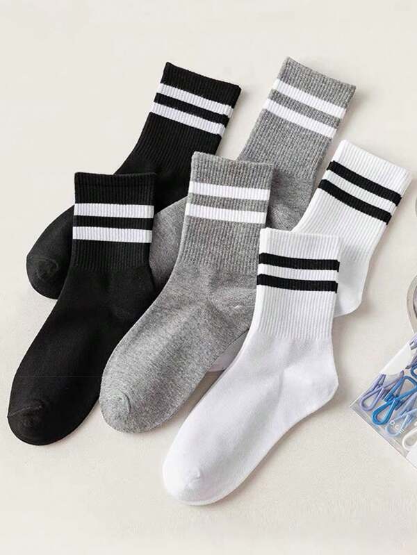 1/3/6pairs Black/White/Grey Solid Colored Double Stripe Unisex Mid-Calf Socks For Outdoor Activities Mid-Calf Casual Socks Unisex Winter Socks Thick Socks High Socks