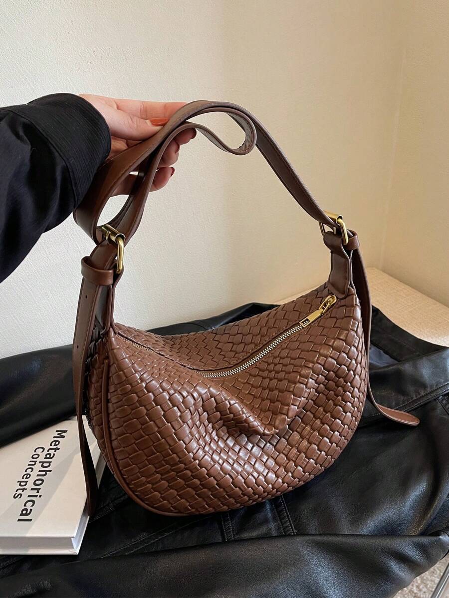 女士纯色大容量仿编织 PU 可调节单肩包 - 查看 1